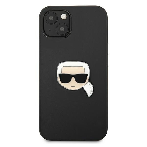 Pouzdro KARL LAGERFELD Apple iPhone 13 Mini kožené Ikonik Karl`s Head kovový černý pevný obal